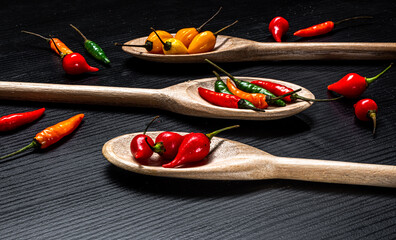 Various types of peppers in wooden spoons on a black background. Top view.