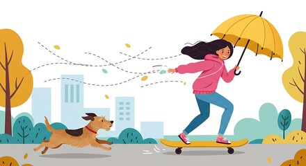 Girl on a skateboard with an umbrella, dog running in the park on a windy autumn day.