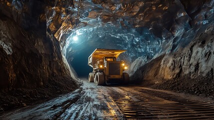 Mining truck working in underground mine tunnel