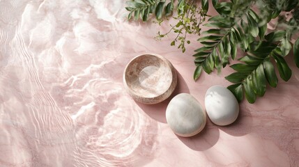 spa center, pink marble and light wood, green leaves.