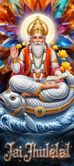 Jhulelal God with Lavish Colourful Background and aJhulelal blessing artwork of Jhulelal seated on a royal fish with glowing aura, Jai Jhulelal divine spiritual portrait with vibrant colors and lotus 