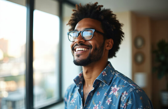 Cheerful young African American man in glasses poses in own apartment. Close-up headshot portrait of happy millennial male renter, tenant shows optimism.