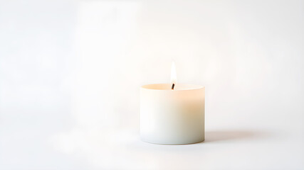 Single white candle burning on a clean white background, soft glow, minimal style