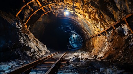 Naklejka premium Rails disappearing into the dark depths of an abandoned mine