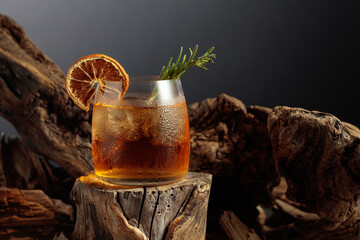 Old-fashioned cocktail with ice on an old wooden stump.