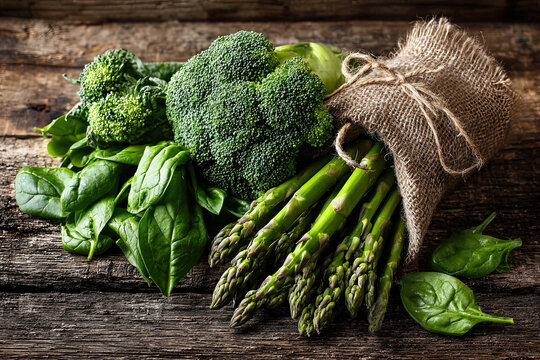 Fresh organic green vegetables on rustic wooden surface with natural shadows