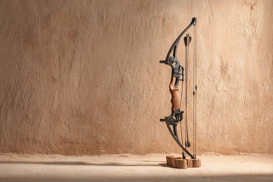 Modern archery bow and quiver leaning on textured sand-colored wall