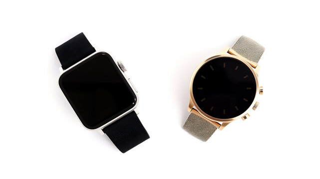 Two smartwatches side by side, one screen on and one off, top-down view on white
