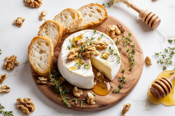 Elegant flatlay of sliced goat cheese with honey drizzle, walnuts, and thyme on white
