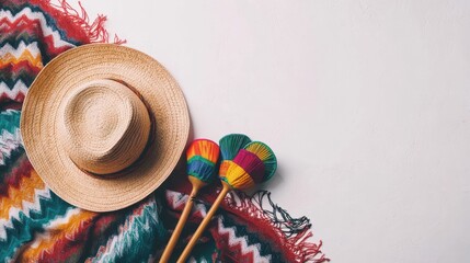 Mexican poncho with sombrero maracas against white background