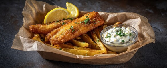 The delicious fish and chips served with fresh lemon and tartar sauce.
