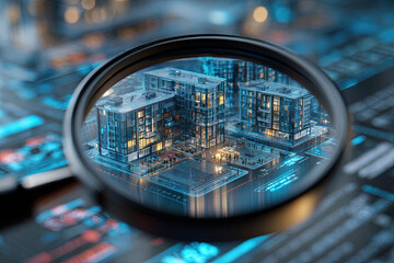 Macro close-up of magnifying glass focusing on futuristic apartment building