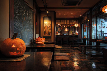 Obraz premium Halloween decor with carved kabocha squash in cozy japanese caf? interior