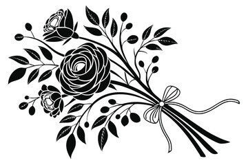 Elegant monochrome bouquet featuring roses, leaves, berries, and a ribbon, creating a refined botanical aesthetic