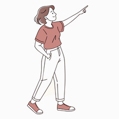 Young woman confidently pointing upward while exploring, her posture suggesting anticipation and curiosity