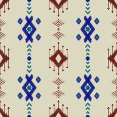 Seamless ikat pattern that combines simple geometric embroidery, suitable for graphic art, carpet design, wallpaper, gift wrapping and clothing.