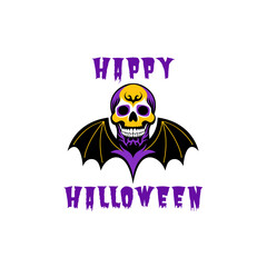 Colorful skull with bat wing positioned between the phrases HAPPY and HALLOWEEN  in a dripping  font