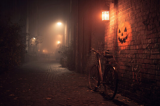 Foggy berlin alley with vintage bicycle and halloween pumpkin graffiti