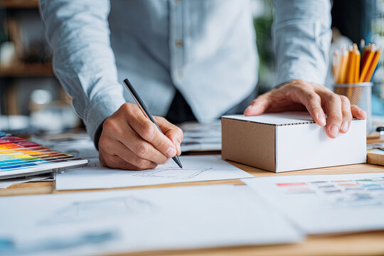 Close-up of hands sketching product packaging design with folded cardboard prototype