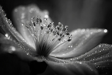Macro close-up of dew-covered flower stamen with soft bokeh background