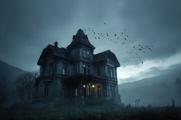 Spooky haunted victorian mansion with broken windows and fog at twilight