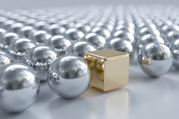 Rows of silver metallic spheres with a single golden cube on neutral background