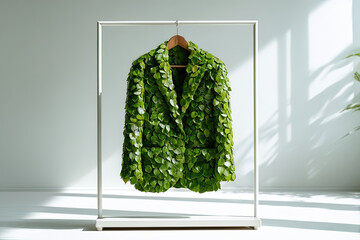 Green leaf business suit hanging on minimalist rack in bright daylight