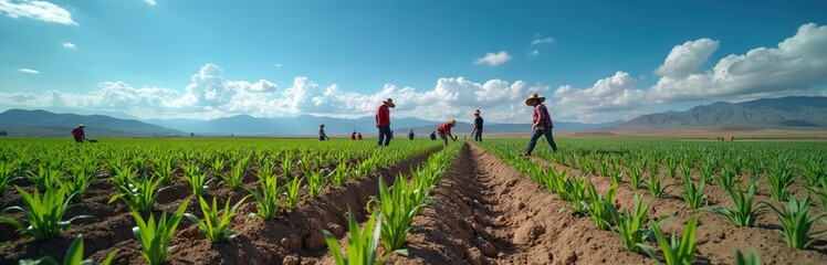 Fototapeta premium Group of people work planting crops in field. Farmers in hats, casual attire, planting crop rows. Clear blue sky, mountains, agricultural process, teamwork. Sustainable farming food production.