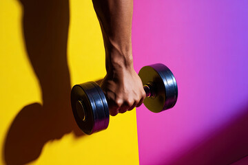Close-up of hand holding dumbbell with yellow and violet background