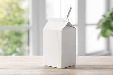 Minimalist white cardboard juice box with straw on table in soft daylight