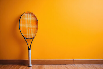 Tennis racket standing upright against warm orange wall on wooden floor