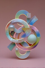 Contemporary 3d installation with pastel ribbons and abstract geometric shapes