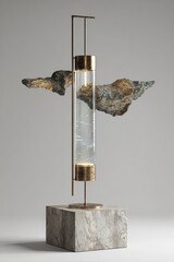 Abstract vertical glass tube with bronze sculpture parts on gray pedestal
