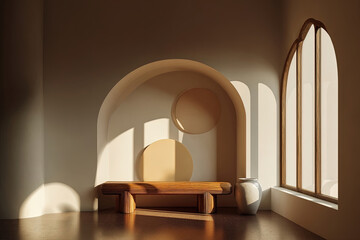 Minimalist modern interior with golden sunlight and geometric wall shapes