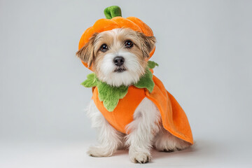 Small dog in orange pumpkin costume with green hat sitting on white background