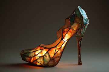 Surreal glowing high-heel shoe made of stained glass shards with soft shadows
