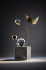 Abstract metal and glass sculpture with brass shapes on pedestal against dark background