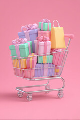 Holiday shopping cart filled with gift-wrapped boxes and pastel bags on pink background