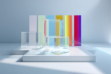 Minimalist floating acrylic cubes with color samples on white background
