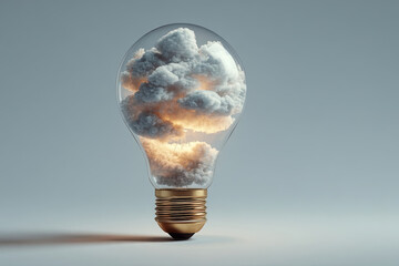 Traditional light bulb with glowing clouds inside on white background