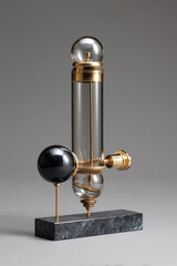 Modern abstract glass and brass spherical sculpture on gray background
