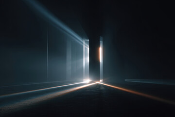 Volumetric light shafts crossing dark minimalistic space with dramatic contrast