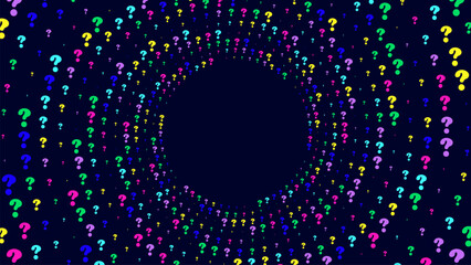 Abstract background with a swirling vortex of colorful question marks