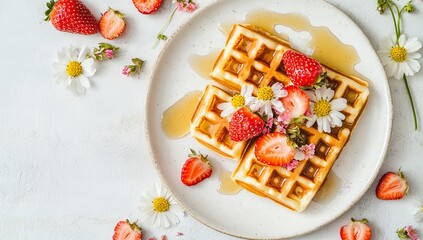 Top view of waffles with honey and strawberries, flowers on the side, white background, flat lay, banner for social media post, flat layout, minimalistic, space around edges, bright soft colors