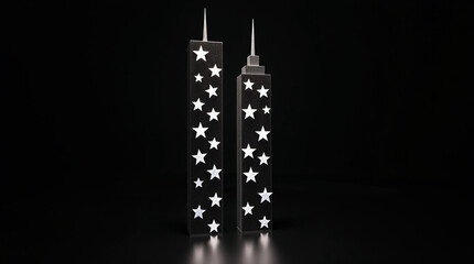 Twin towers adorned with celestial stars stand tall against a stark black backdrop, their pointed spires reaching towards an unseen sky