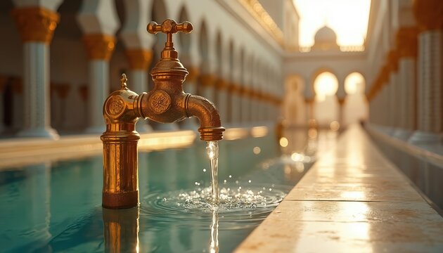 Ornate golden water tap with flowing water in mosque. Water for ablution, religious ritual, faith. Architecture with columns arches. Religious culture, Islam.
