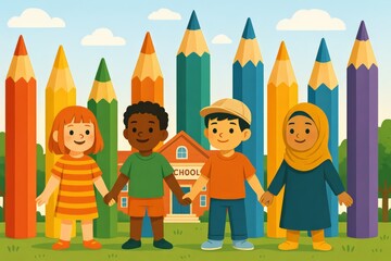 Diverse group of children holding hands near school with pencil fence, children of different races and nationalities in school  – perfect for back to school campaign, equal school rights