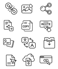 Collection of communication and sharing icons depicting various digital interactions and tools