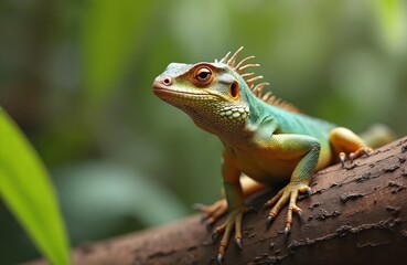 Close-up shot of Amazon lizard Uranoscodon superciliosus. Wild reptile rests on wood branch in rainforest. Vibrant colors. Fauna in natural habitat of Rio Negro, Brasil.