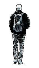Sketch of one casual man pedestrian with backpack walking outdoors, back view, realistic outline hand drawn vector illustration isolated on white